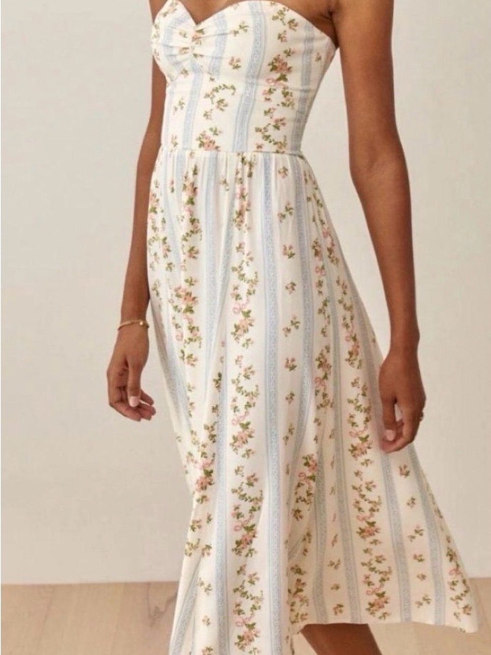 Reformation Aymeline Strapless White Midi Dress with Pink Floral & Blue Stripe